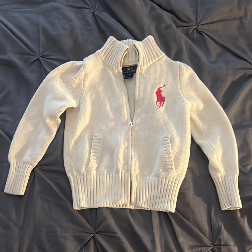 Polo by Ralph Lauren Toddler Cream Zip-Up Sweater with Pink Logo